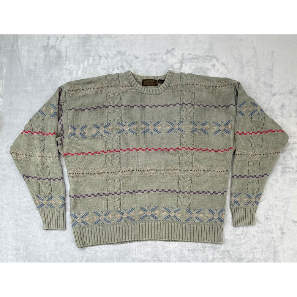 Vintage Eddie Bauer Mens Sweater Cable Knit Fair Isle Grandpa XL Green Nordic